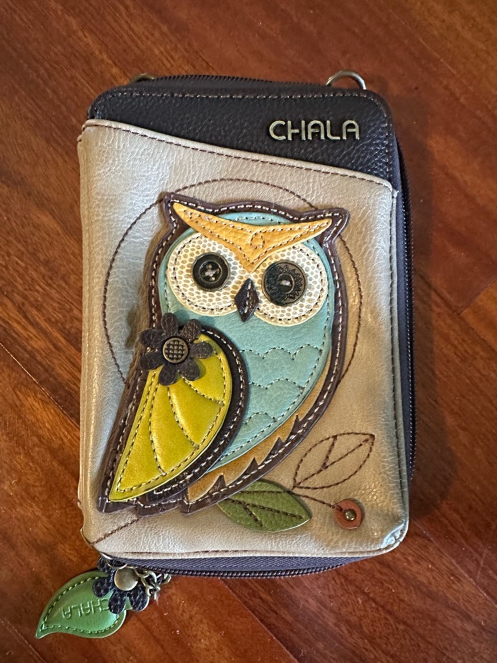 Chala Metallic Silver Wallet with Teal and Yellow Owl Appliqué